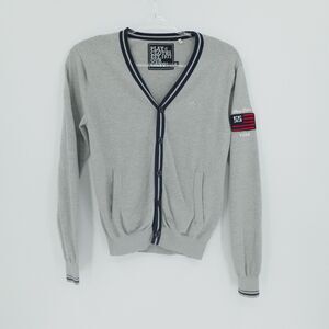 Play‎ Cloths Our Gang Sweater Mens Medium Gray Cardigan Letterman Patch Logo